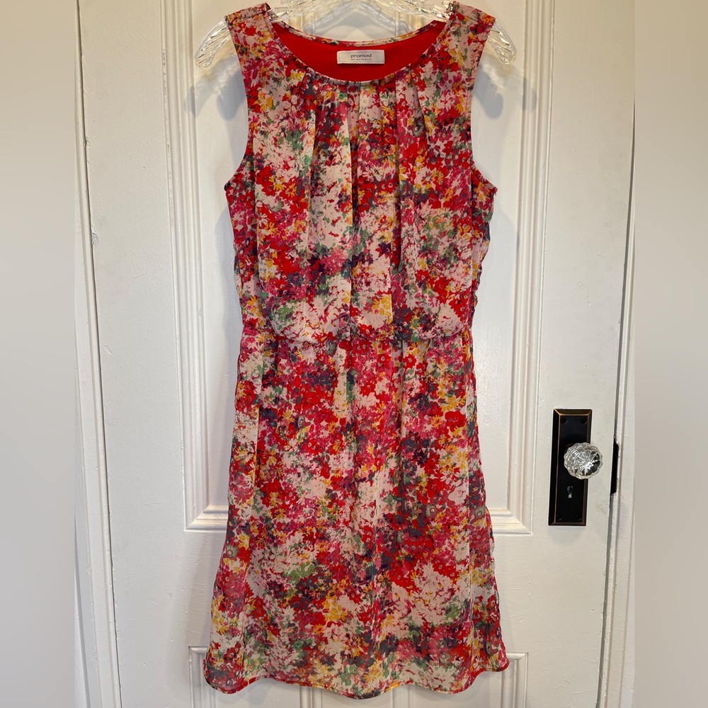 Promod Floral A-Line Sleeveless Gathered Scoop Neck Midi Dress w Attached Lining